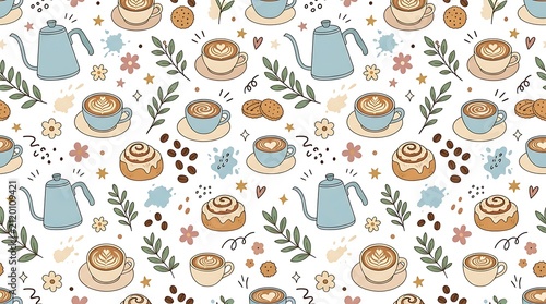 Seamless Pattern with Coffee Cups, Teapots, Cinnamon Rolls, and Botanical Elements.