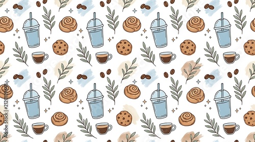 Hand Drawn Coffee and Pastry Pattern with Leaves and Beans.