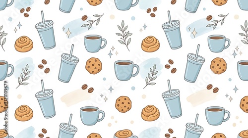 Seamless Pattern with Coffee Cups, Cookies, and Cinnamon Rolls.