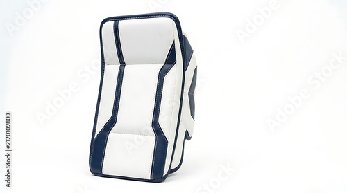 White and Blue Professional Ice Hockey Goalie Leg Pad Vertical Stand View of Protective Goaltender Equipment for Goalie Defense Isolated on White Background