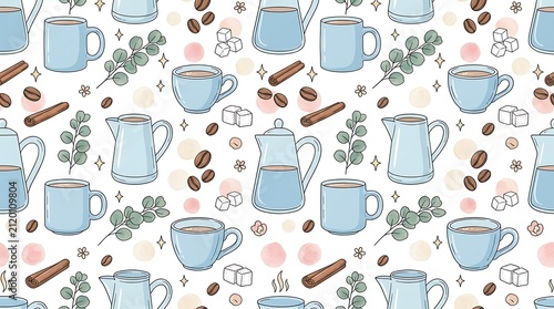 Seamless Pattern with Hand-Drawn Coffee and Tea Utensils, Beans, and Spices on a White Background.