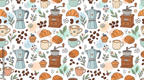 Seamless Coffee Pattern with Moka Pots, Grinders, Croissants, and Coffee Beans.