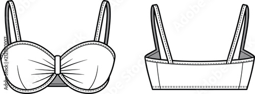 Quadro su tela Front and back view technical fashion sketch of a gathered sweetheart neckline c