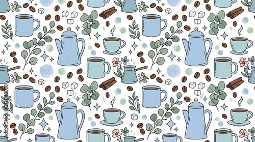Seamless Coffee Pattern with Mugs, Pots, and Beans.
