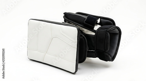 Black and White Professional Ice Hockey Goalie Blocker Pad Protective Hand Equipment for Goaltenders Rear View with Straps and Padding Isolated on White