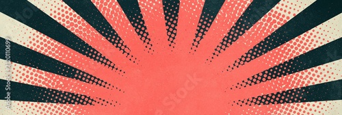 Panoramic sunburst background with pink and cream halftone dots and dark green rays for retro horizontal banner and vintage poster design