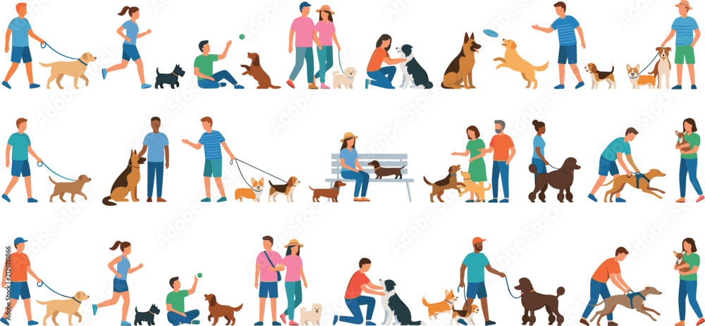 Fototapeta premium People Walking and Playing with Dogs Vector Set with Diverse Male and Female Characters Training Leashing and Grooming Domestic Pets