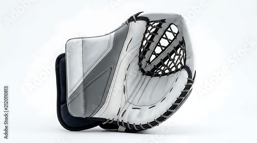 Black Ice Hockey Goalie Catcher Mitt Close Up View of Professional Goaltender Protective Hand Gear Equipment Isolated on a Plain White Background