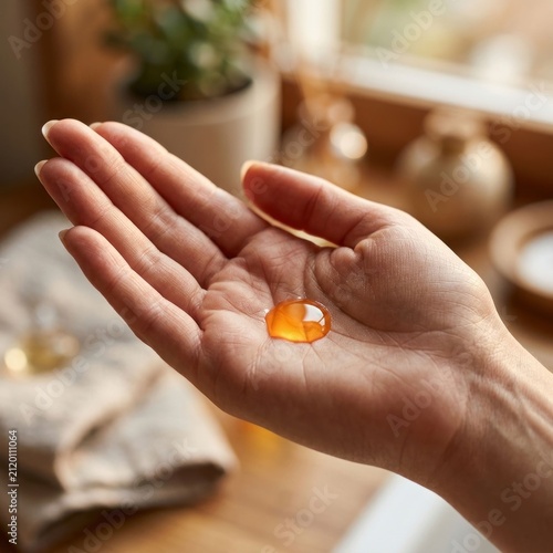 Close-up of a womans hand holding a drop of golden liquid, possibly oil or serum, in a warm, natural light setting.