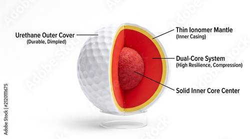 Technical Diagram of a 4-Piece Golf Ball Internal Structure with Dual-Core System Urethane Outer Cover and Ionomer Mantle Casing Cross Section for Sports Engineering Isolated on White
