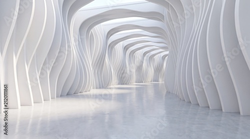 Futuristic White Architectural Corridor with Organic Curved Structures and Minimalist Interior