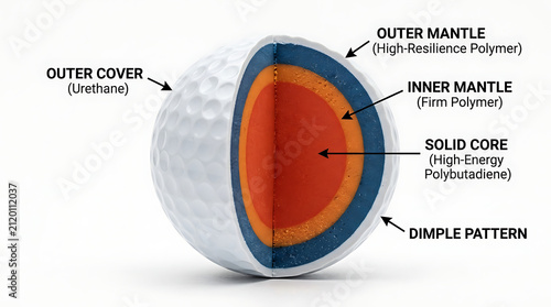 Detailed 4 Layer Golf Ball Cutaway Diagram with Labels Showing Internal Construction Urethane Outer Cover High Resilience Polymer Mantle, High Energy Polybutadiene Solid Core Technical Cross Section