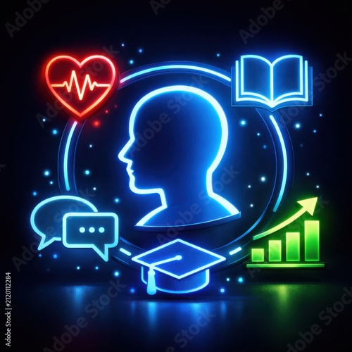 neon education icons glowing symbols