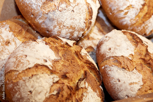 Macro Close Up of Floured Crust on Freshly Baked Artisan Sourdough Bread