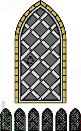hinges ancient medieval door cartoon. knocker carvings, ornamentation fortress, castle cathedral hinges ancient medieval door sign colorful illustration