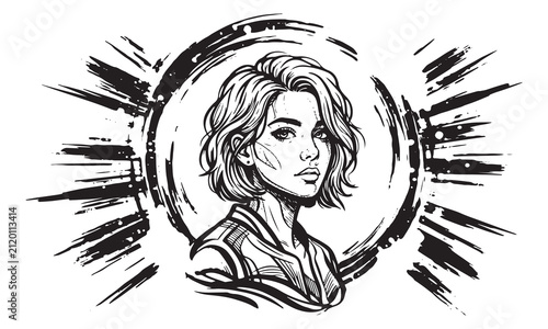 Short Hair Woman Portrait Sketch in Circle Frame Art