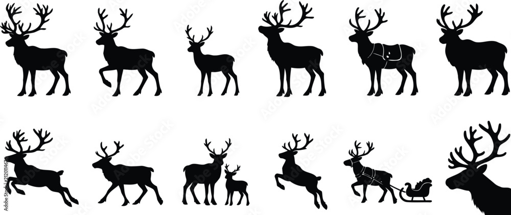 Fototapeta premium Set of vector silhouettes of deer, reindeers, christmas on a transparent background, santa claus, animals.