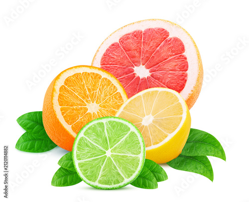Fresh orange, lemon, lime, grapefruit cut in half slice with leaf