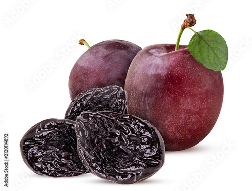 Two plum with green leaf and prune