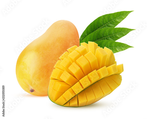 Mango yellow exotic friut with a leaf, one cut in half cubes