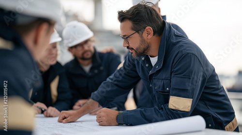 Construction site engineering office at overcast dramatic sky lunchbreak, a diverse team of male and female engineers gathered around a blueprint table, one man openly sharing a