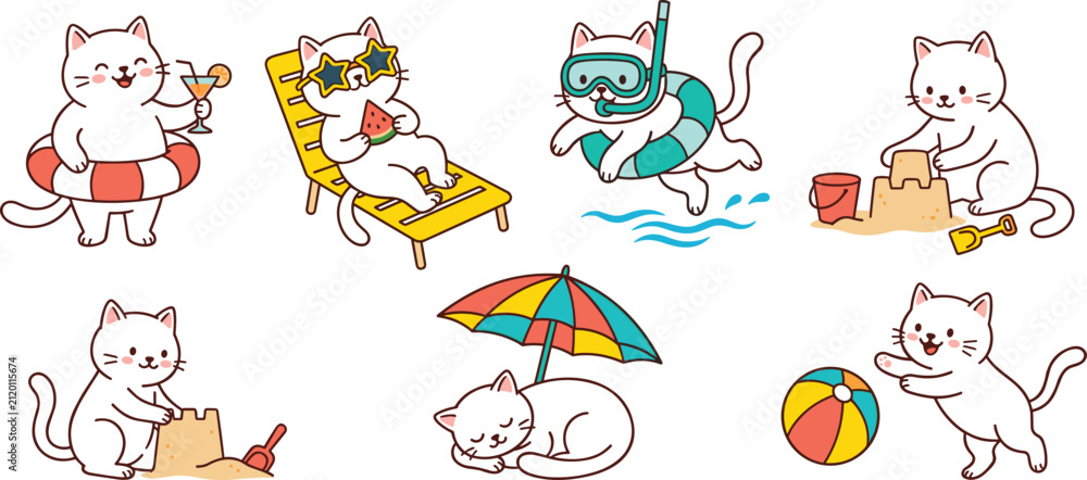 Fototapeta premium Cute Cartoon Cat Character Summer Beach Vacation Vector Icon Set Featuring Happy Kittens Swimming Sunbathing Sleeping and Playing with Sandcastles and Beachball