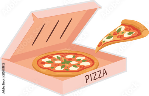 Pizza in a box vector illustration featuring a whole pizza inside an open cardboard box and a slice floating above on a white background