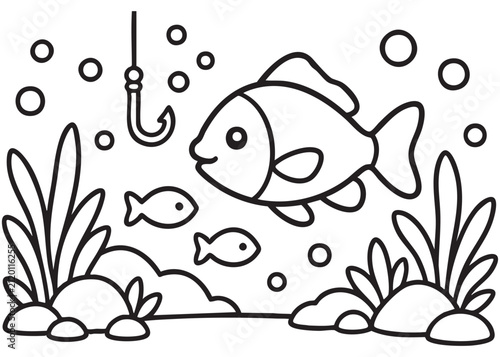 Ocean Fishing Coloring Page Black and White Vector Illustration for Kids
