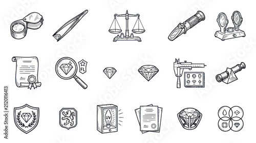A set of black and white line art icons depicting jewelry and gem appraisal tools