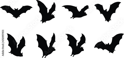 Obraz na plátně Bat Silhouette Icon Set with Flying Hanging and Roosting Bat Poses Collection