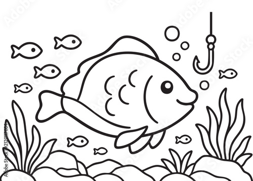 Ocean Fishing Coloring Page Black and White Vector Illustration for Kids