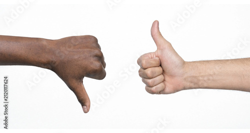 Quadro su tela Hands with thumb up and thumb down isolated on white background