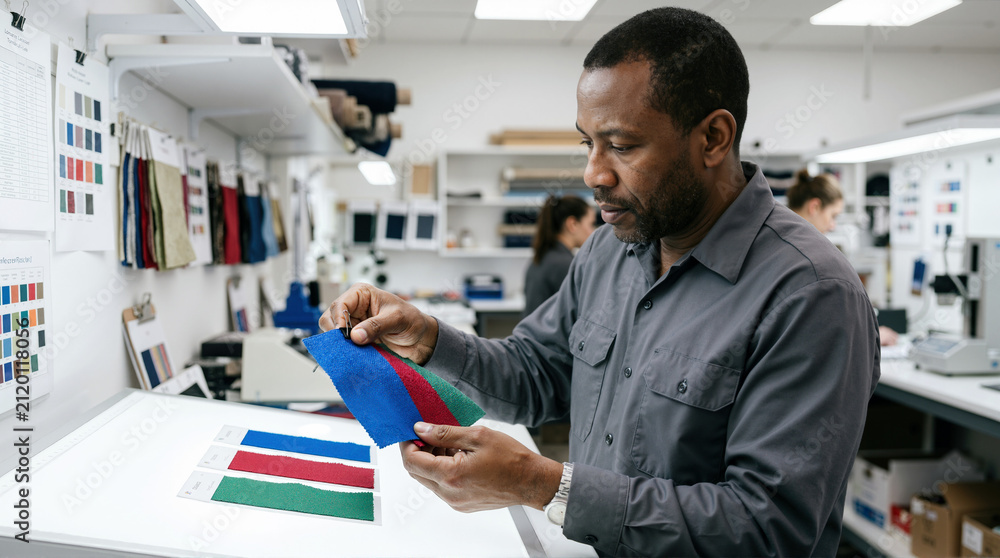 Fototapeta premium Textile specialist comparing colorful fabric swatches over light table. African American man performing color matching in design lab