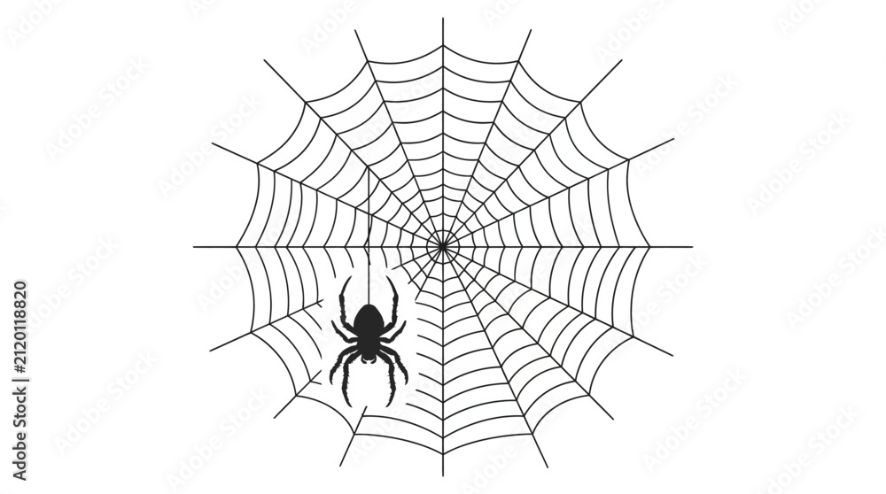 Fototapeta premium Helloween Spiderweb line art design, vector spider on web silhouette, black white Halloween spooky symbol, corner banner web border, creepy eerie decorative illustration Vector