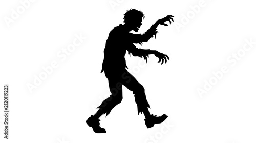 Zombie silhouette is depicted in a walking pose with arms outstretched, featuring torn clothing details.