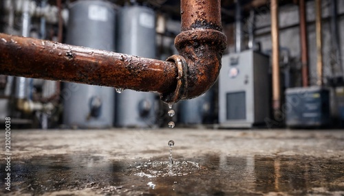 Old rusty metal water pipe leaking water droplets onto a damp concrete basement floor