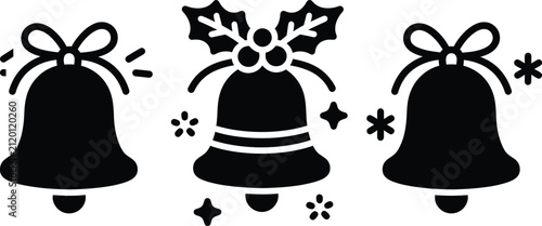 Set of christmas bells icons with bow, holly, and stars isolated on transparent background, vector art.