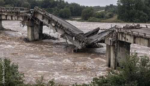 A ruined concrete bridge collapsed over a turbulent rushing river