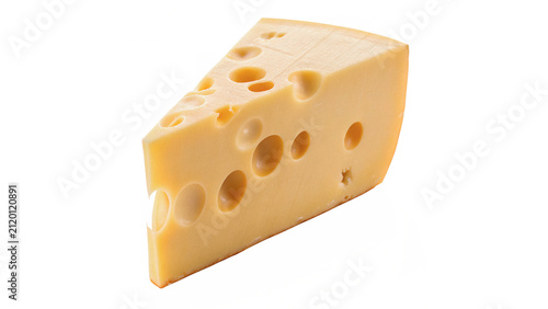 Foto Piece of gourmet Swiss emmental cheese with holes isolated on transparent backgr