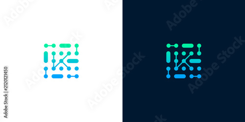 Modern letter K logo design with connected dots and lines in a glowing technological matrix style vector illustration
