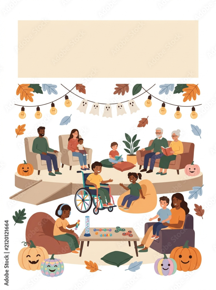 Fototapeta premium Diverse group of people of all ages and abilities enjoying a cozy autumn gathering with pumpkins and festive lights, fostering community connection and inclusivity