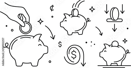 Money saving and finance line icons set featuring piggy bank coin deposit hand inserting currency and dollar symbols