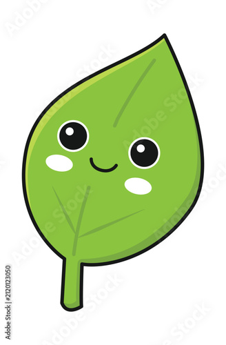 Cute cartoon green leaf character with a happy smiling face on a white background.