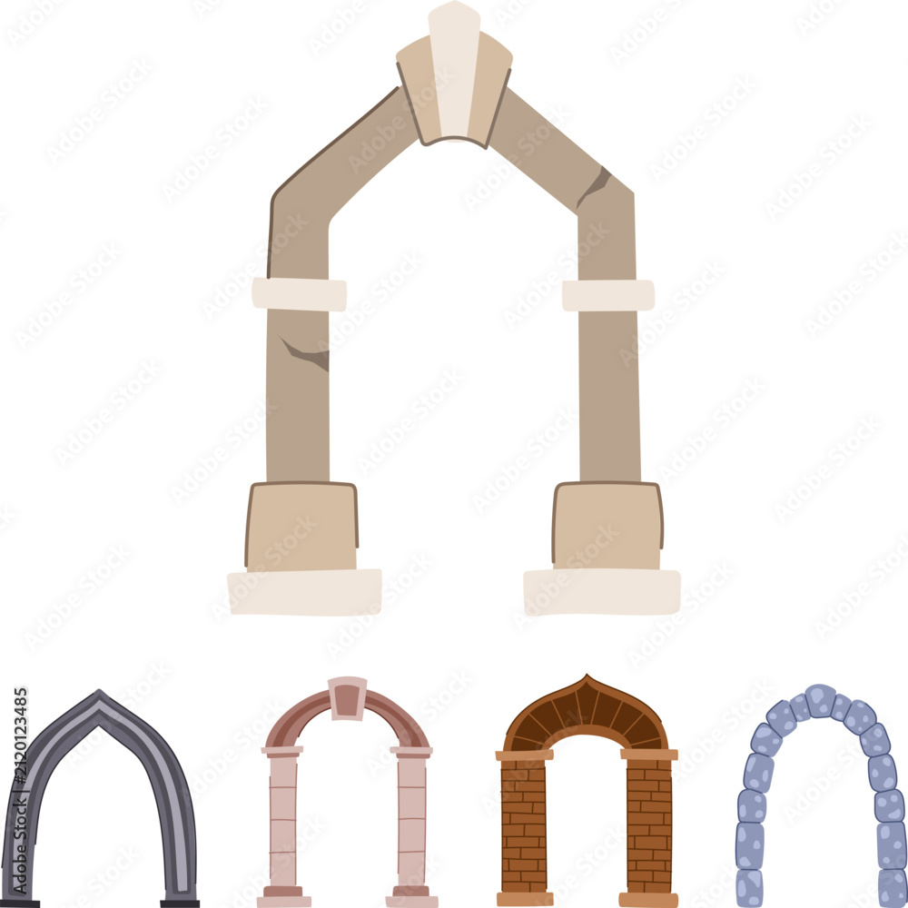 Fototapeta premium Five diverse archways and gateways in stone, brick, and classical pillar styles, isolated on white to illustrate historic and modern entrance, portal, and construction concepts