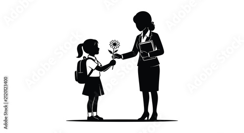Teacher and student exchanging a flower black and white silhouette child educator