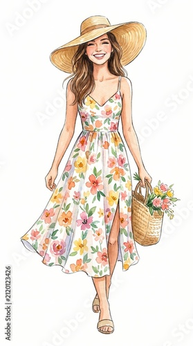 Cheerful Woman in Floral Dress with Basket and Hat