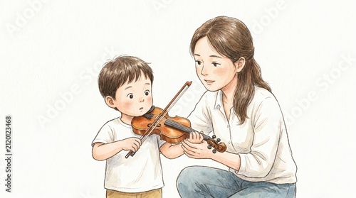 Child Learning Violin with Parent in Gentle Setting