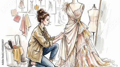 Creative Fashion Designer at Work on Dress Design