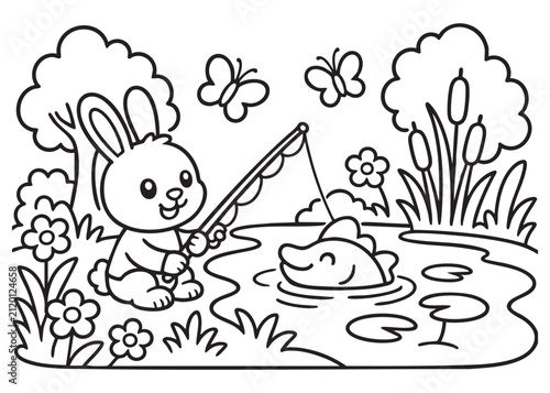 Cute Bunny Fishing Coloring Page Black and White Vector Illustration