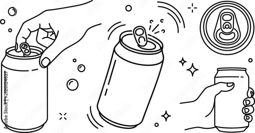 Obraz premium Aluminum soda can opening process outline set with hand holding beverage top view pull tab vector illustration